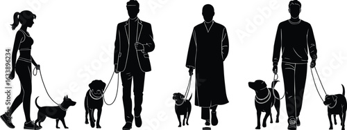Dog walkers silhouette set, diverse people walking dogs, casual, formal, athletic, cultural attire, pet care concept, urban lifestyle vector illustration