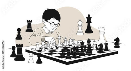 Intellectual Pursuit Young Boy Concentrating Deeply On A Chess Match Strategy Game
