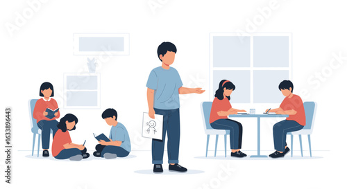 Interactive Classroom Setting With Students Engaged In Learning Activities