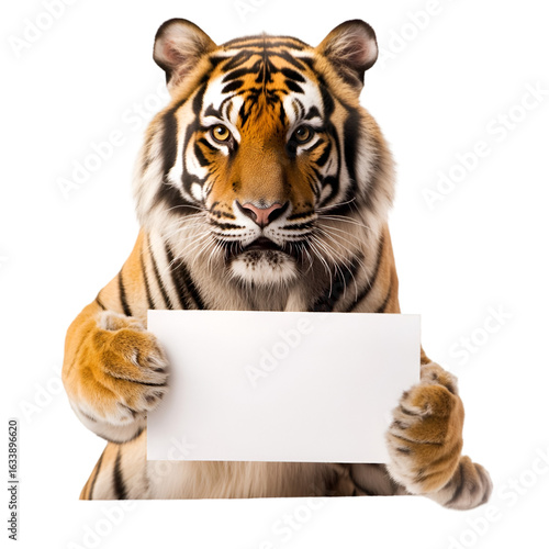 Majestic tiger holding blank sign studio animal portrait white background close-up wild nature awareness