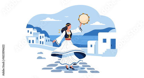Greek Dancing Girl In Traditional Costume With Tambourine Santorini Backdrop