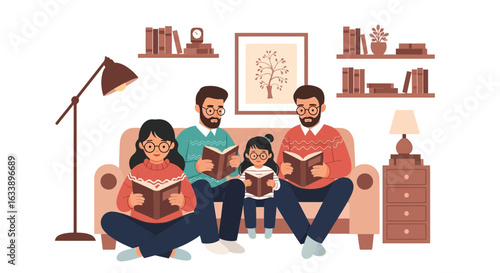 Happy Family Reading Books Together In Cozy Living Room For Quality Time