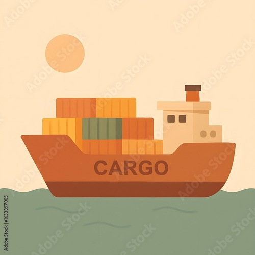 Flat Vector Illustration of a Cargo Ship Transporting Shipping Containers
