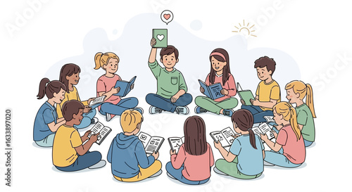 Group Of Children Sits In Circle Reading Books With Expressions Of Joy