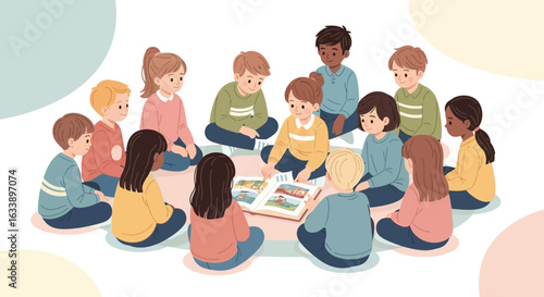Group Of Diverse Children Sitting In Circle And Looking At Book Together