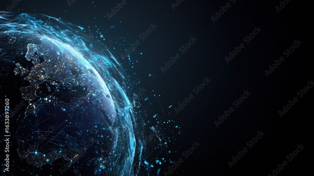 Obraz premium Abstract digital blue planet Earth with a global network and connectivity concept, data transfer in space on a black background.