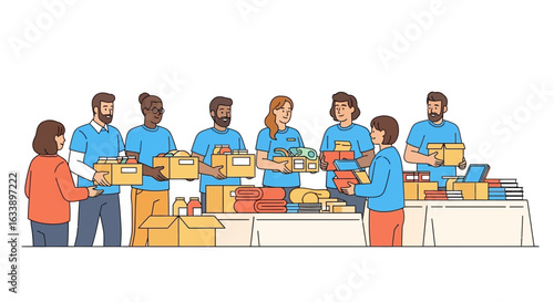 Group Of Diverse Volunteers Sorting Donations For Charity In Community Center