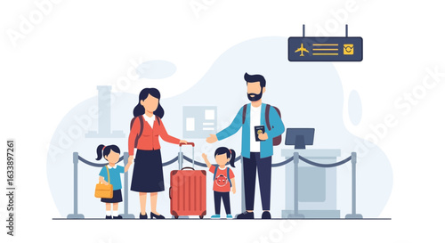 Happy Family Vacation At Airport Enjoying Trip With Kids And Luggage