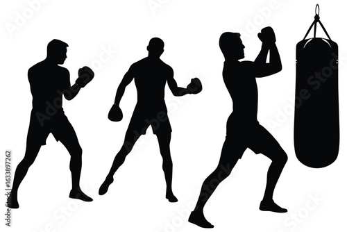 Silhouettes of boxers training with a punching bag