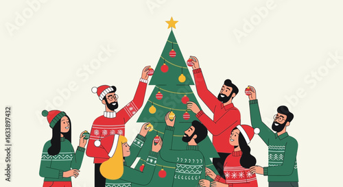 Group Of Friends Decorating A Christmas Tree Together Celebrate Holiday Season
