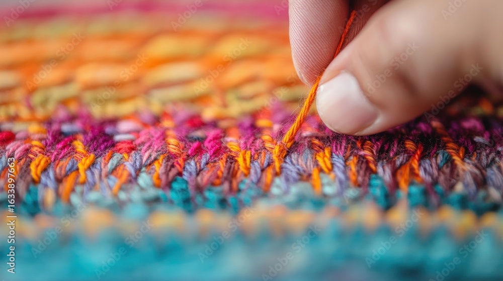 Obraz premium Hand stitching colorful fabric in a creative textile workshop in the afternoon