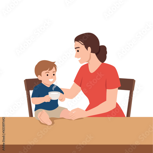 Mother lovingly helping her smiling child drink from a cup, symbolizing care. Flat vector illustration isolated on white background