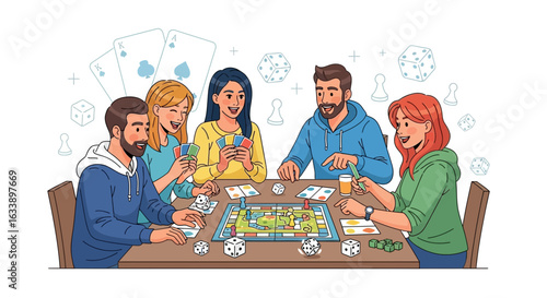 Group Of Friends Enjoying Board Games And Card Games Leisure Time Together