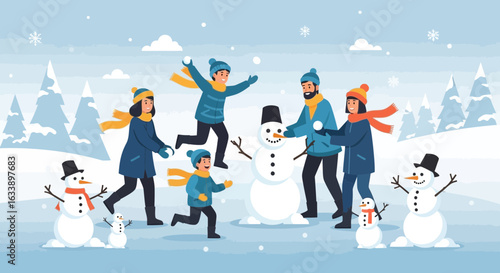 Happy Family Winter Activities Making Snowman and Playing Snowball Fight Together