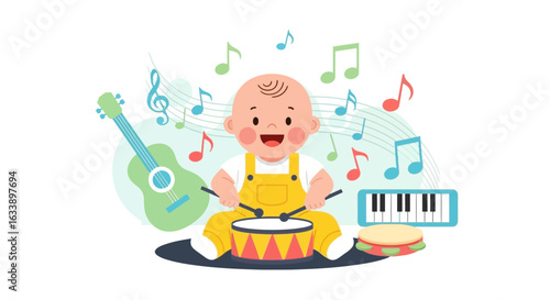 Joyful Baby Engaged in Music Play with Drum, Guitar and Keyboard Illustration
