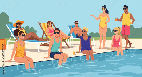 Group Of Friends Enjoying Summer Vacation At Luxury Swimming Pool Resort