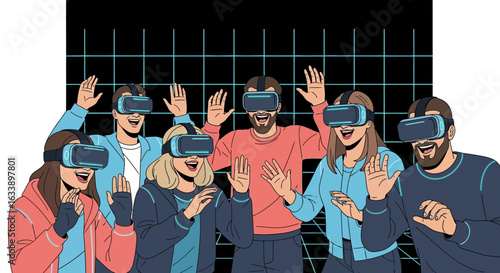 Group Of Friends Immersed In Virtual Reality Experience Using Modern Headsets