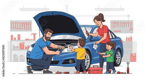 Happy Family Working Together Repairing The Car In The Garage At Home