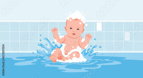 Joyful Baby Splashing Water During Bath Time In A Bathtub Full Of Bubbles