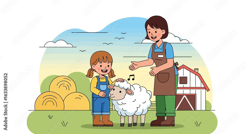 Naklejka premium Happy Farmers Showing Love to Sheep at Farm Illustration With Barn