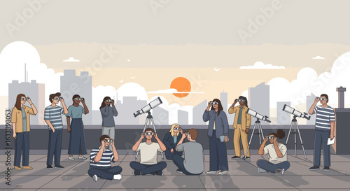 Group Of People Observing Solar Eclipse With Protective Glasses And Telescopes