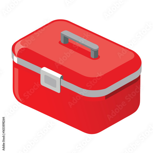 A small red plastic lunch box with a metal clasp, a classic container for packing lunch, symbolizing school and childhood.