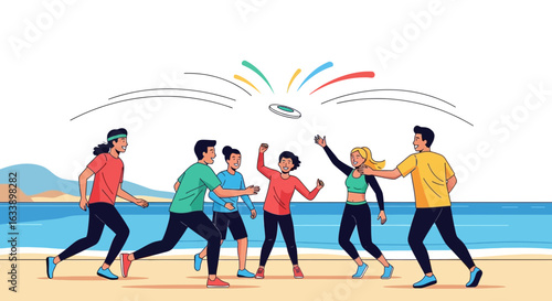 Group Of Young People Playing Frisbee On The Beach At Sunset Enjoying Themselves