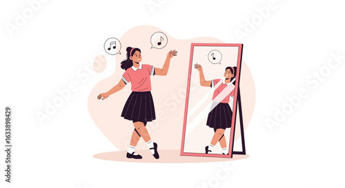 Happy Girl Dancing And Listening To Music In Front Of The Mirror