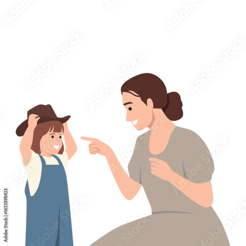 Mother points playfully at her daughter, who beams with joy while trying on a cowboy hat. Flat vector illustration isolated on white background