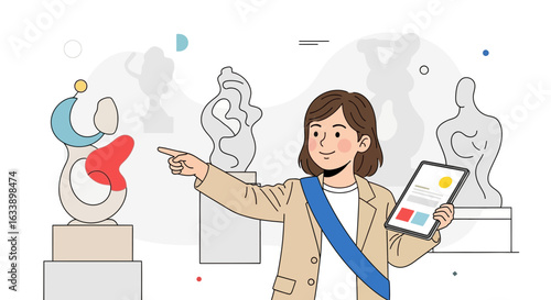 Guided Tour Of Art Gallery With Young Woman Explaining Modern Sculptures