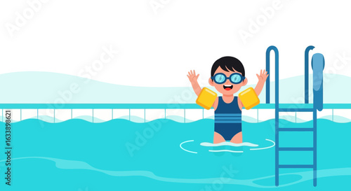 Joyful Boy Swimming In A Pool With Inflatable Armbands And Swim Goggles