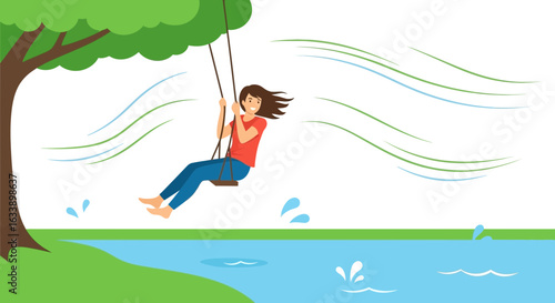 Happy Girl Swings Near a Lake in Spring with a Gentle Wind Blowing