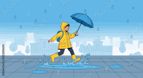 Joyful Boy with Umbrella Splashing In Puddle During a Rainy Day Adventure