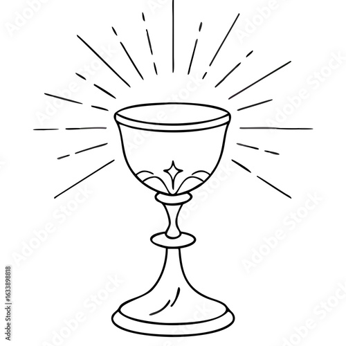 Chalice with rays radiates from the holy grail, a minimalist graphic line art piece. Chalice art is a symbol of spirituality, divinity with beams of light emanating from it.