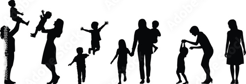 Silhouettes of mothers and children playing together, joyful bonding moments, parenting interaction, nurturing relationships, outdoor fun, family development, emotional connection illustration