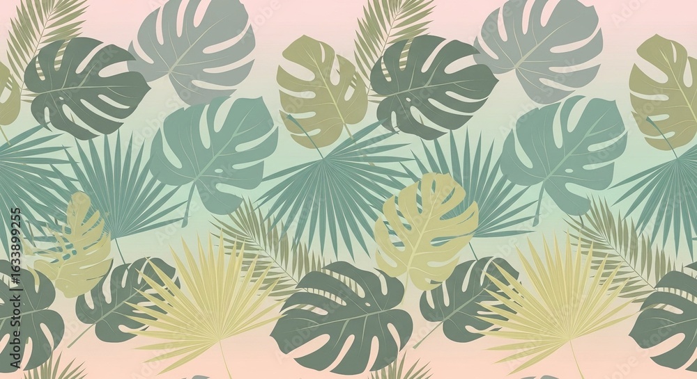 Fototapeta premium Tropical leaf pattern background design with monstera and palm leaves in pastel colors creating a vibrant and refreshing backdrop for summer-themed designs and promotions.