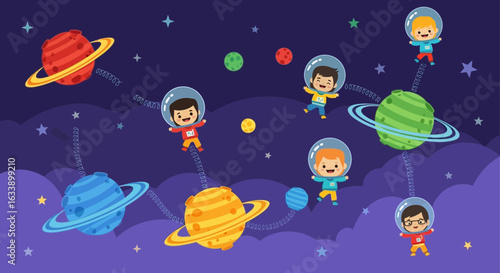 Happy Kids Floating In Space Wearing Astronaut Suits Next To Colorful Planets
