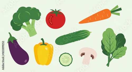 Freshly picked vegetables flat vector illustration featuring broccoli, eggplant, bell pepper, tomato, spinach, carrot, cucumber and mushroom arranged on a light backdrop.