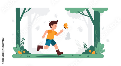 Joyful Chase A Young Boy's Delightful Pursuit Of A Butterfly In Nature's Embrace