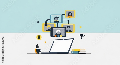 A laptop displaying a video conference, with people attending the online meeting, illustrating remote work and communication.