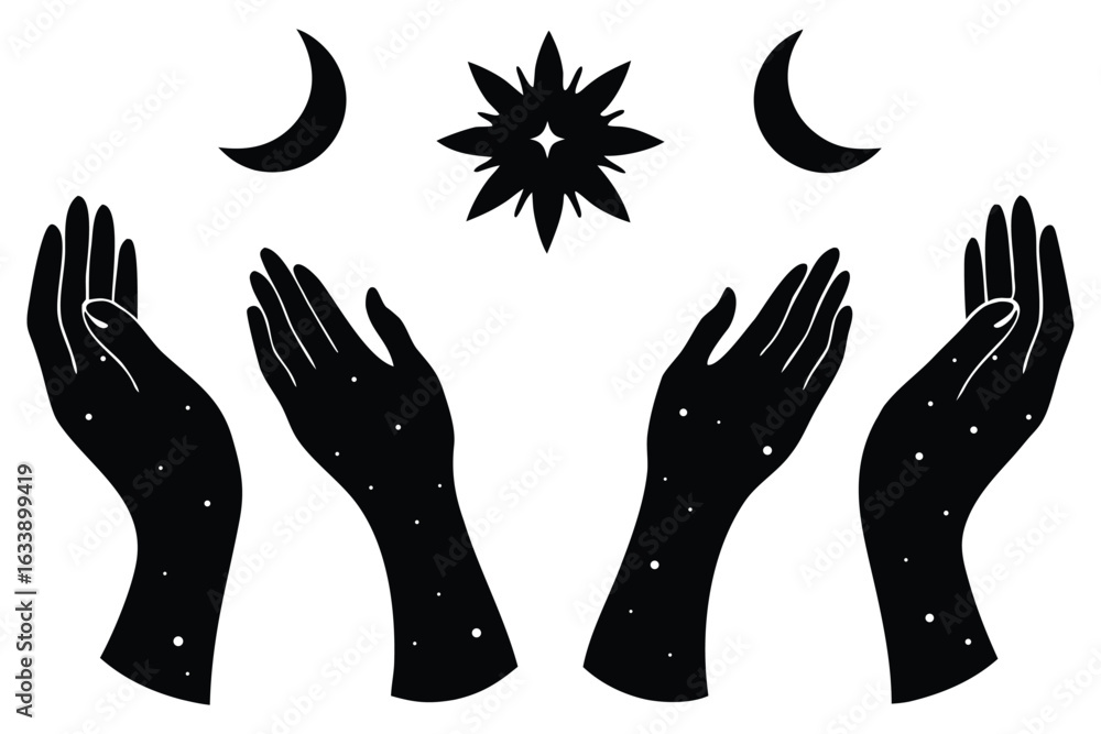 Fototapeta premium Celestial hands reaching for moon and star
