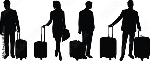 Silhouettes of business travelers with luggage, airport travel scene, professional trip preparation, travel gear essentials, journey planning, corporate mobility lifestyle illustration