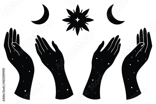Celestial hands reaching for moon and star