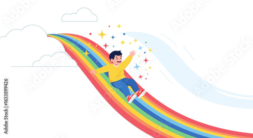 Joyful Child Gliding Down a Colorful Rainbow to Fulfill Childhood Dreams