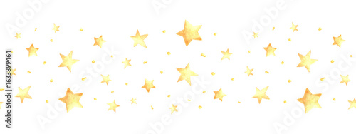 Gold stars with sparkles watercolor seamless border for baby desing. Cute selestial festive backdrop hand drawn isolated. Christmas prints for children background. Fairy dreams wallpaper for nursery.