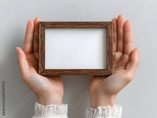 Woman's gentle hands carefully hold a small, blank, wooden picture frame against a plain light gray backdrop.