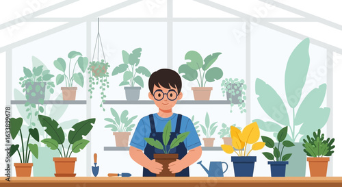 Happy Man With Potted Plant In Greenhouse Gardening And Home Decoration