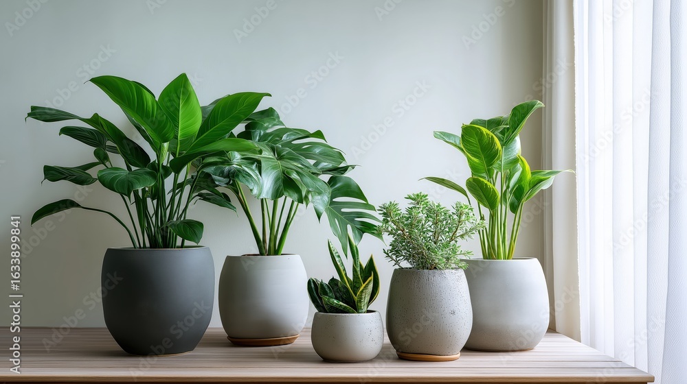 Fototapeta premium A collection of lush houseplants in modern ceramic pots arranged on a wooden table, creating a serene, minimalist interior.
