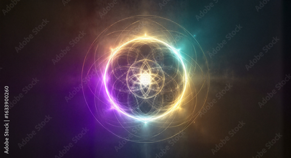 Obraz premium Abstract glowing sphere with intricate details radiating light, presenting a mesmerizing display. Abstract glowing sphere showcases detailed complexity, with luminous beauty and radiant patterns