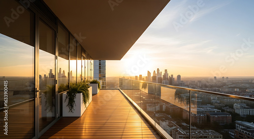 Wallpaper Mural Luxurious penthouse balcony with a panoramic city view at golden hour, offering a serene urban escape. Torontodigital.ca